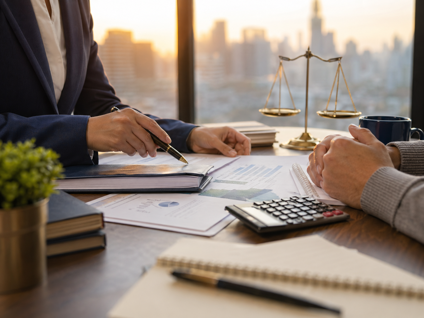 Tax documents and a scale of justice on a civic office table