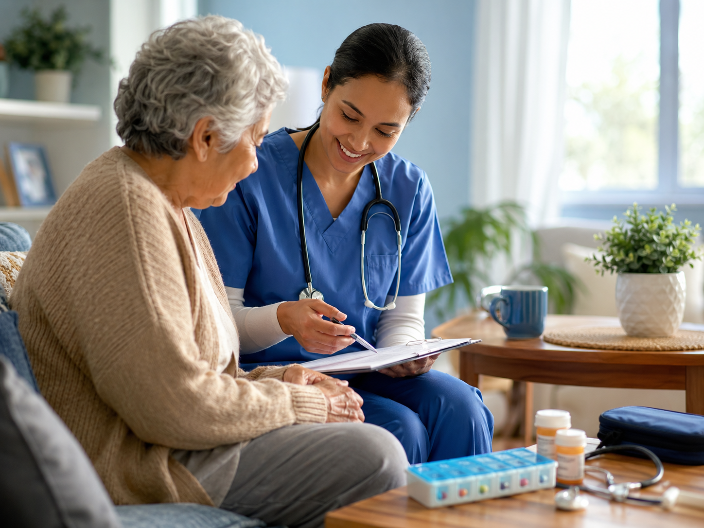A senior and caregiver reviewing a care plan