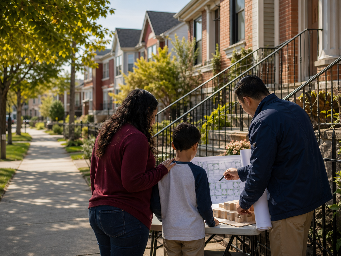 Neighbors and a housing planner reviewing plans in a walkable neighborhood
