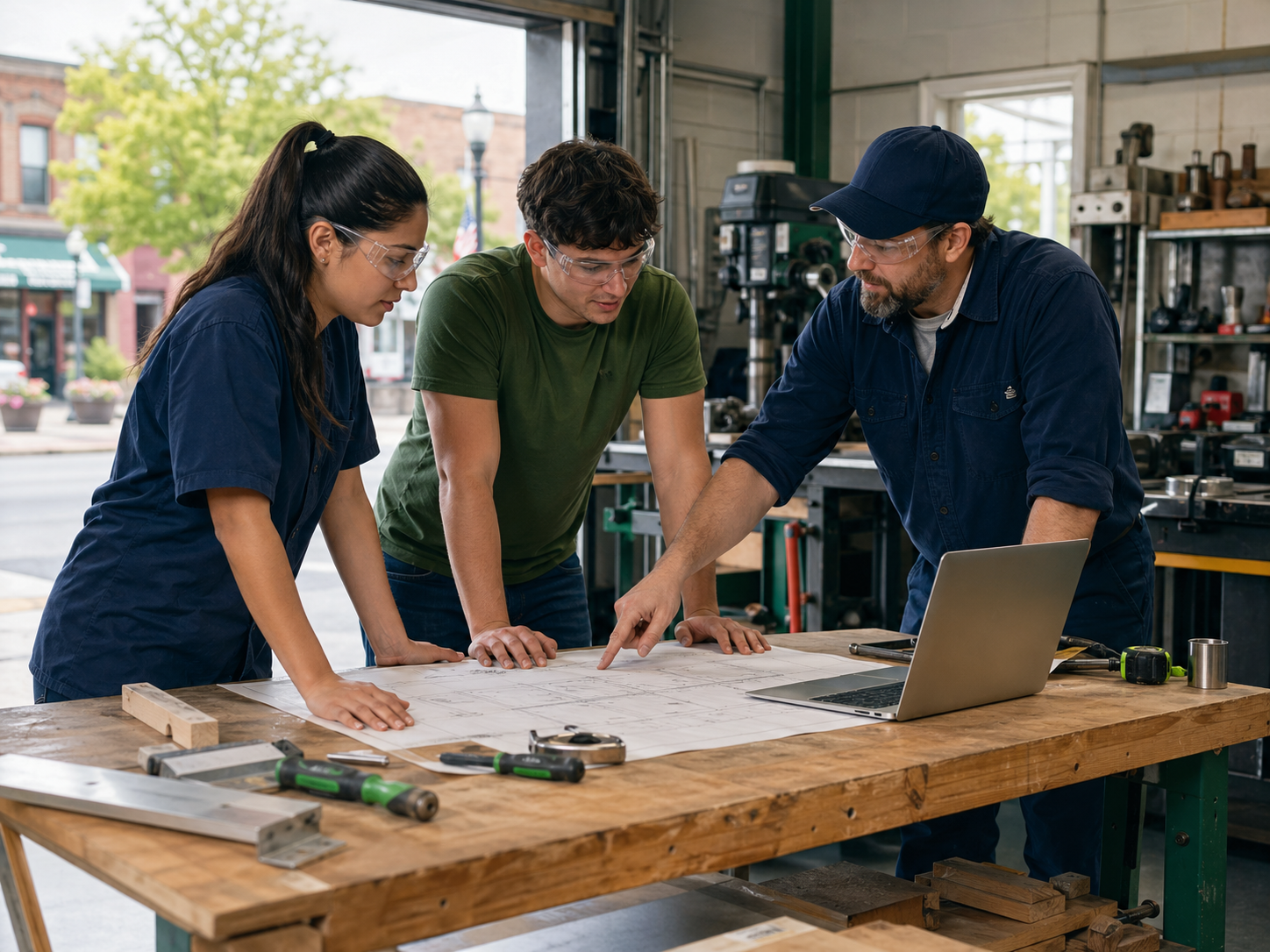 Apprentices and a local business owner working at a trade school bench