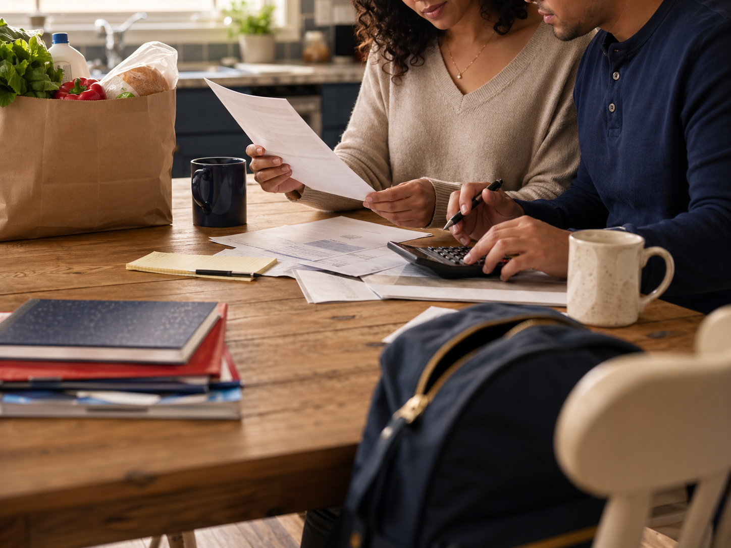 Working families reviewing household costs at a kitchen table